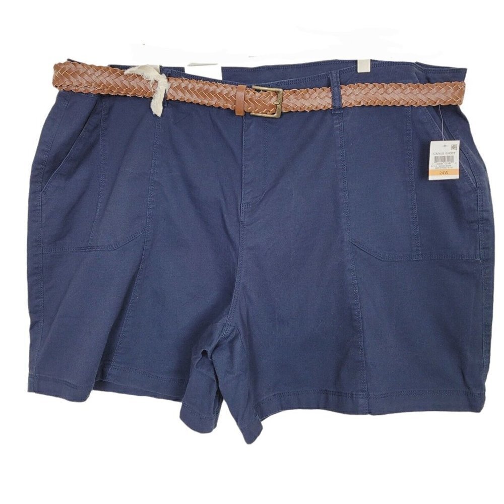 Style & Co Sz 24W Belted Chino Shorts Navy Blue Mid Rise 6.5" Inseam Casual NWT